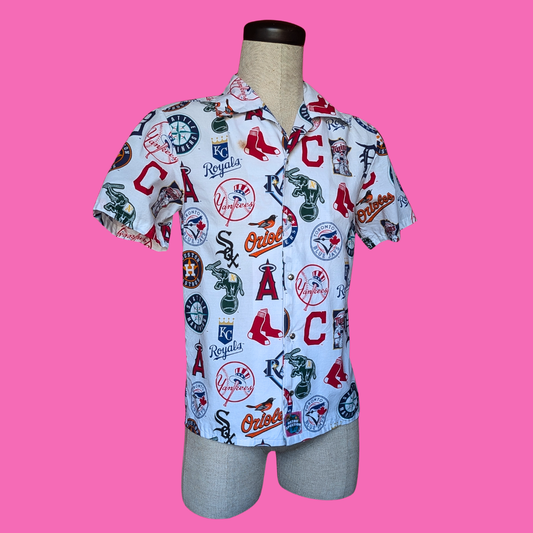 Handmade, Upcycled Baseball Teams Bedsheet Button Down Shirt Size XS