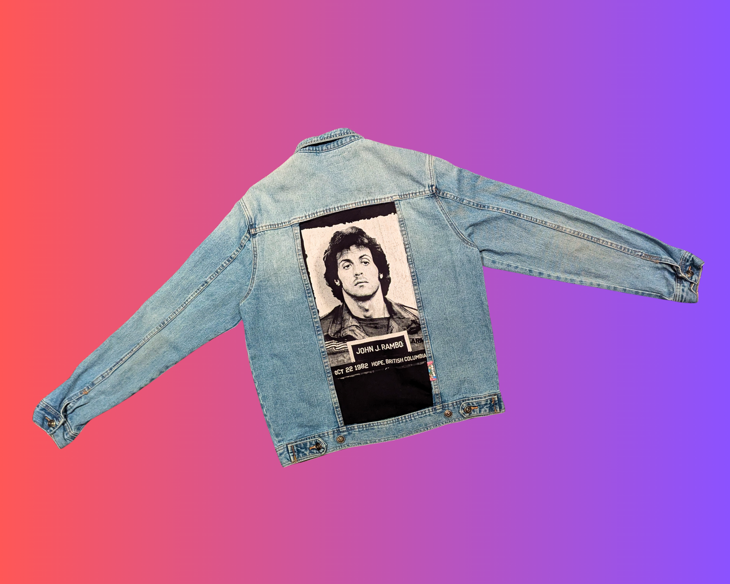 Handmade, Upcycled Rambo, Sylvester Stallone Denim Jacket Size L
