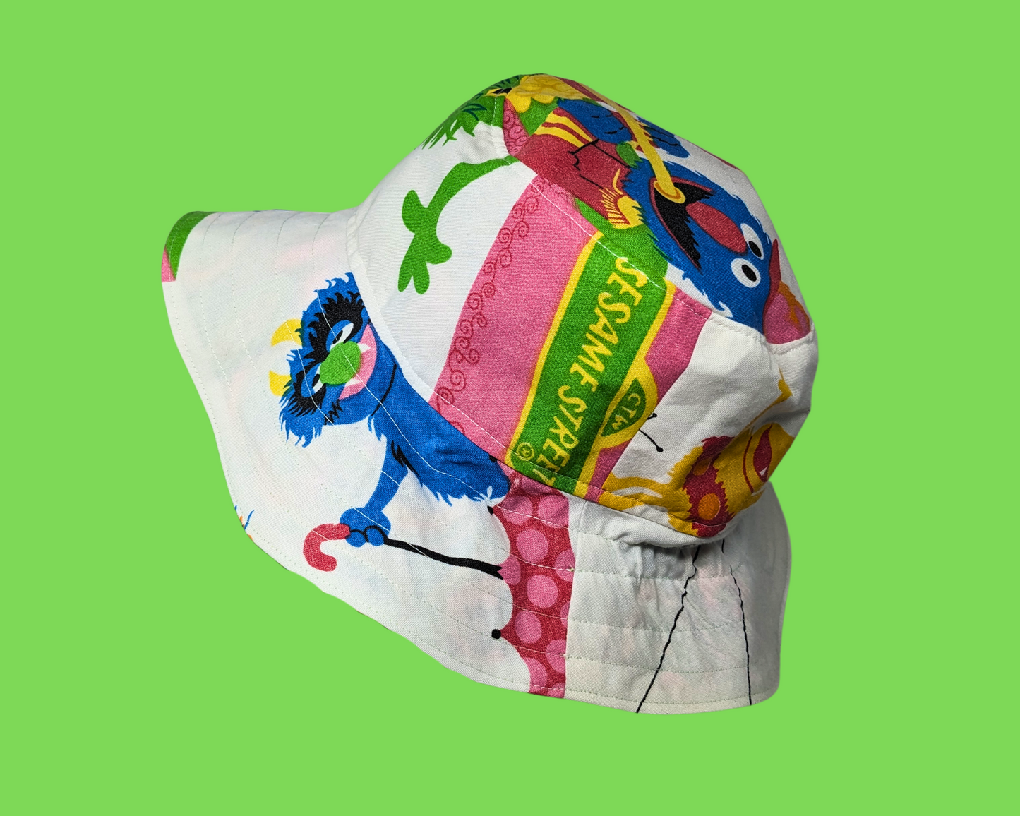 Handmade and Upcycled Vintage Sesame Street Bedsheet Reversible Bucket Hat