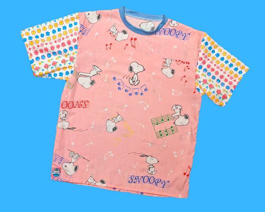 Handmade, Upcycled Vintage 1990's Snoopy, Charlie Brown, Peanut Bedsheet and Floral Sleeves T-Shirt Size M