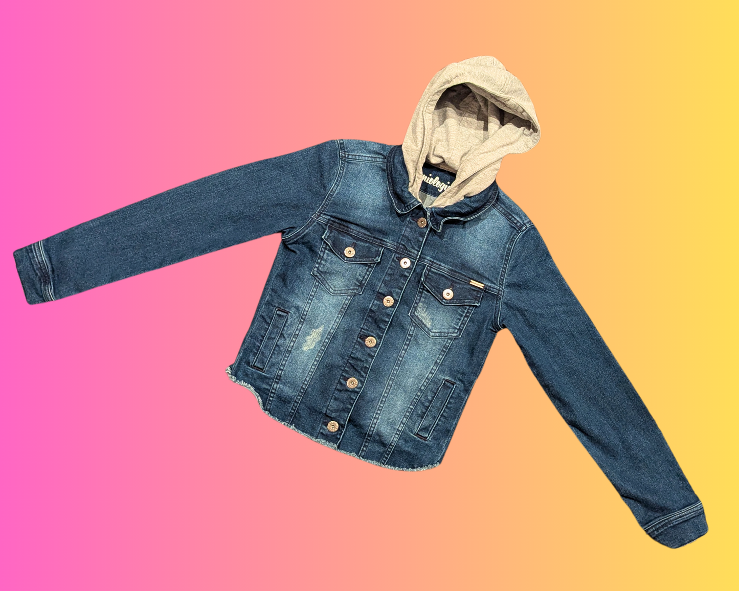 Handmade, Upcycled Care Bears Denim Jacket with Hoodie Size S