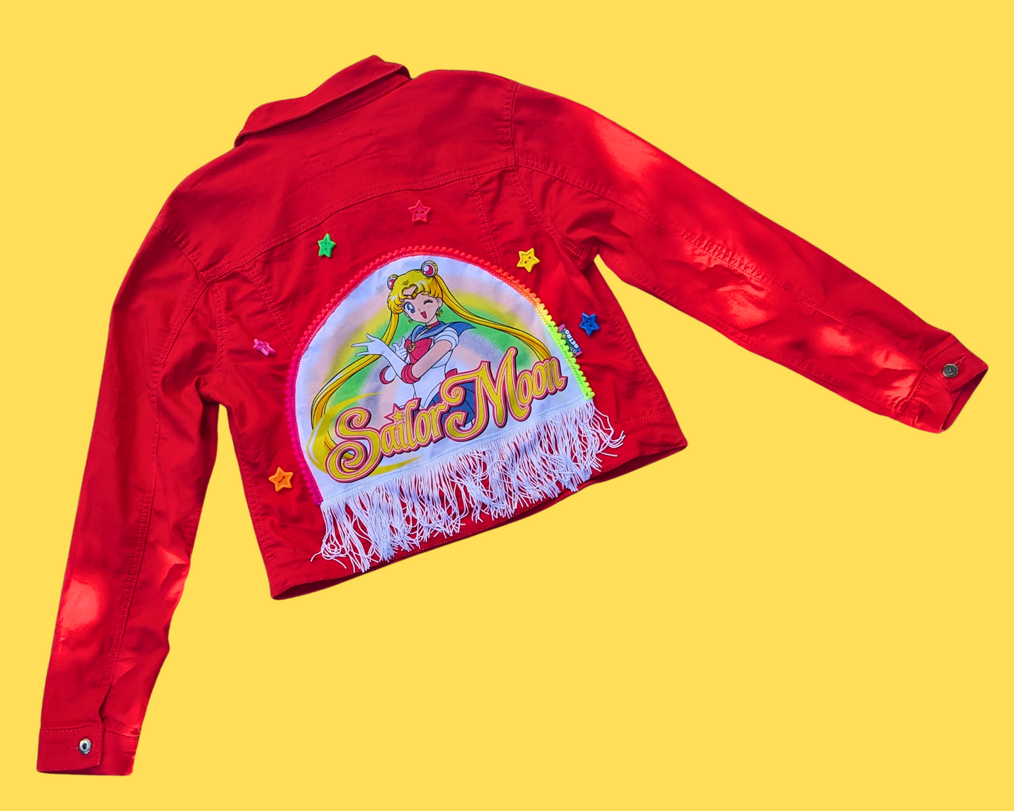 Handmade, Upcycled Sailor Moon Red Denim Jacket Size M