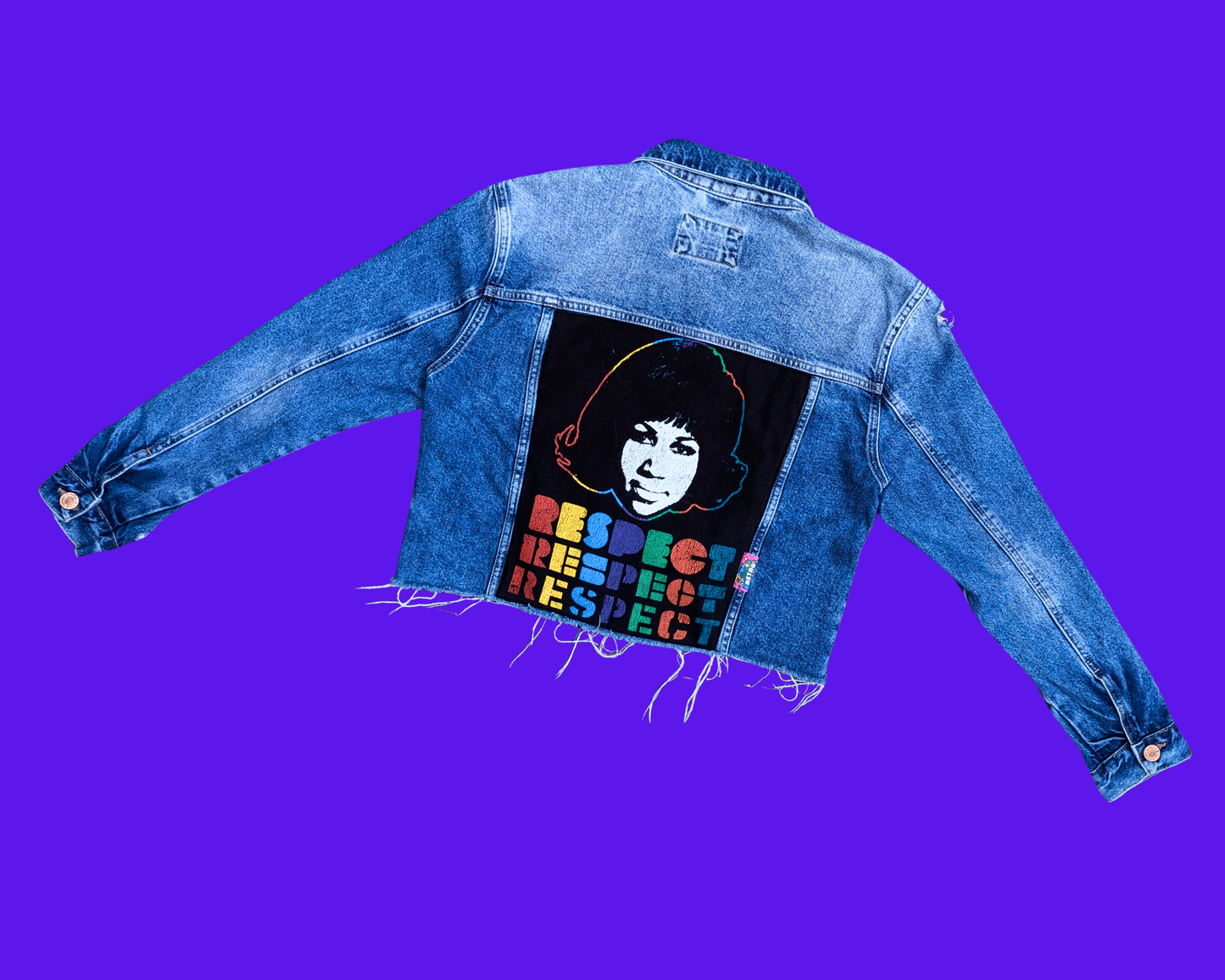 Handmade, Upcycled Aretha Franklin Respect Denim Jacket Size M