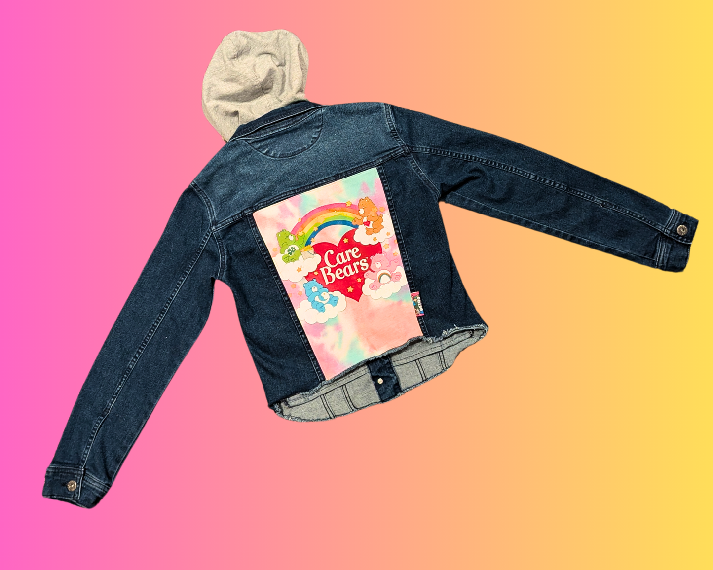 Handmade, Upcycled Care Bears Denim Jacket with Hoodie Size S