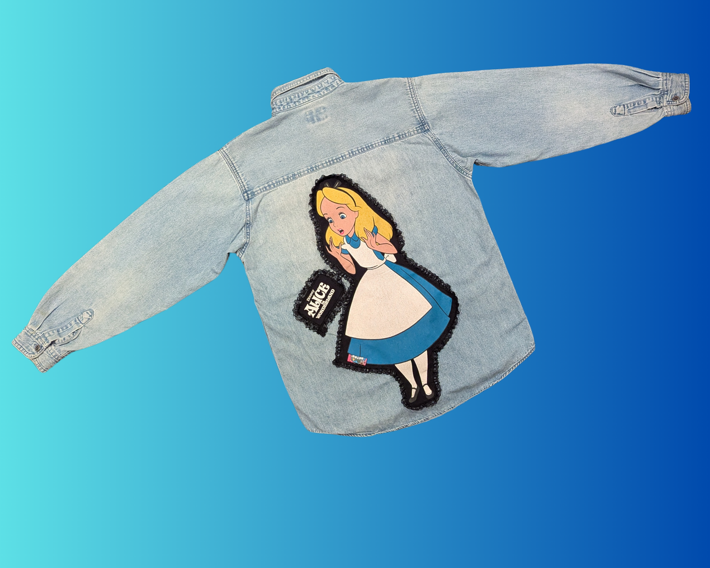 Handmade, Upcycled Alice in Wonderland Denim Shirt Size M-L