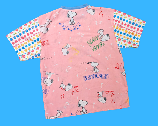 Handmade, Upcycled Vintage 1990's Snoopy, Charlie Brown, Peanut Bedsheet and Floral Sleeves T-Shirt Size M