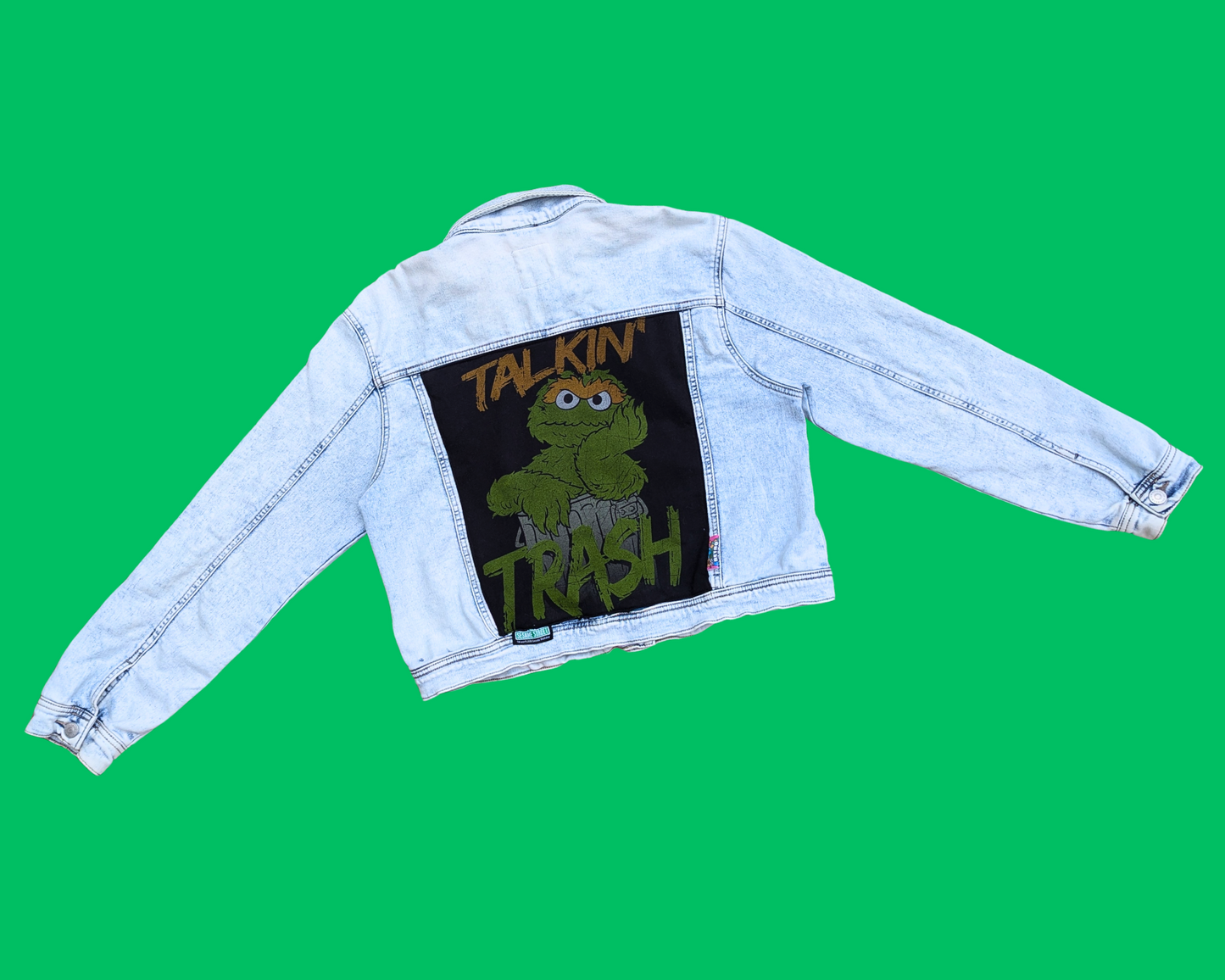 Veste en jean Oscar The Grouch, Sesame Street, faite à la main et recyclée, taille XL