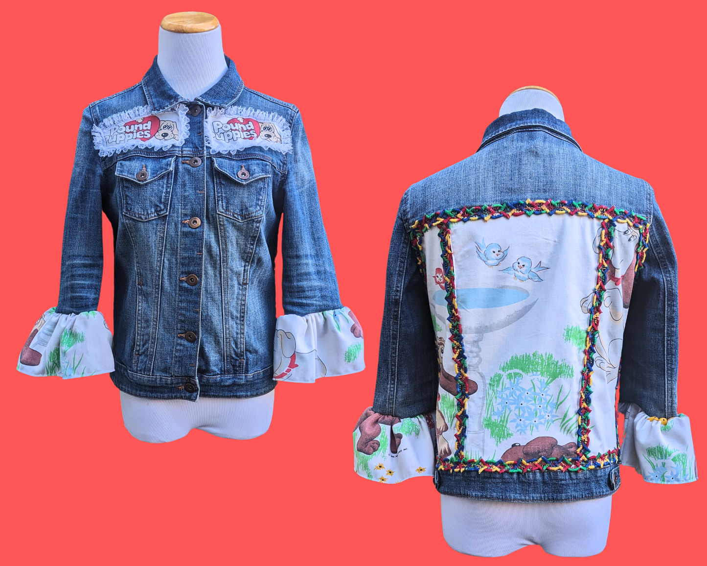 Veste en jean recyclée et faite à la main, rapiécée avec des draps et des chutes de Pound Puppies, taille SM