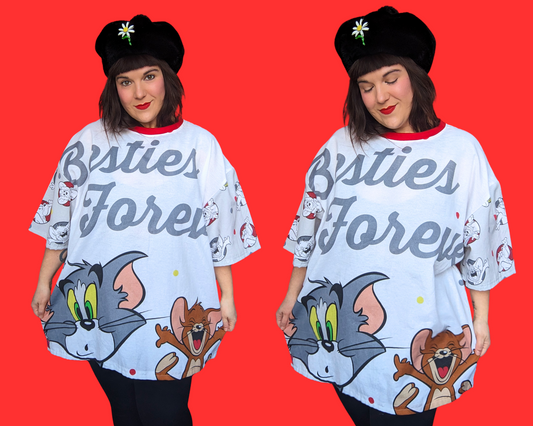 T-shirt drap de lit Tom et Jerry vintage des années 1990, fait main et recyclé, taille XL