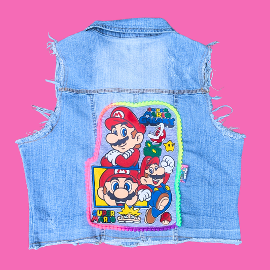 Super Mario Galaxy Upcycled T-Shirt Sleeveless Denim Jacket Size XL (smaller fit)