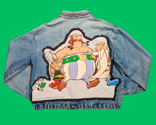 Veste en jean Ralph Lauren faite à la main et recyclée, rafistolée avec une taie d'oreiller Astérix & Obélix RARE, taille XL