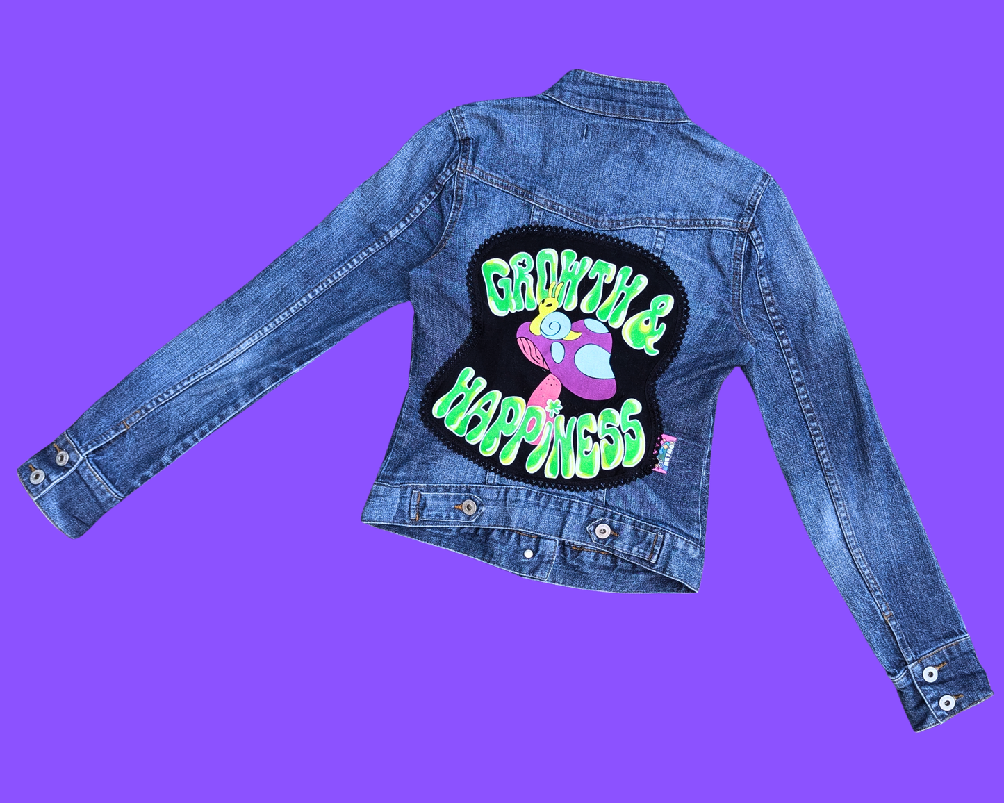 Handmade, Upcycled Growth & Happiness Denim Jacket Size XS