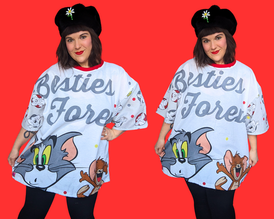 T-shirt drap de lit Tom et Jerry vintage des années 1990, fait main et recyclé, taille XL