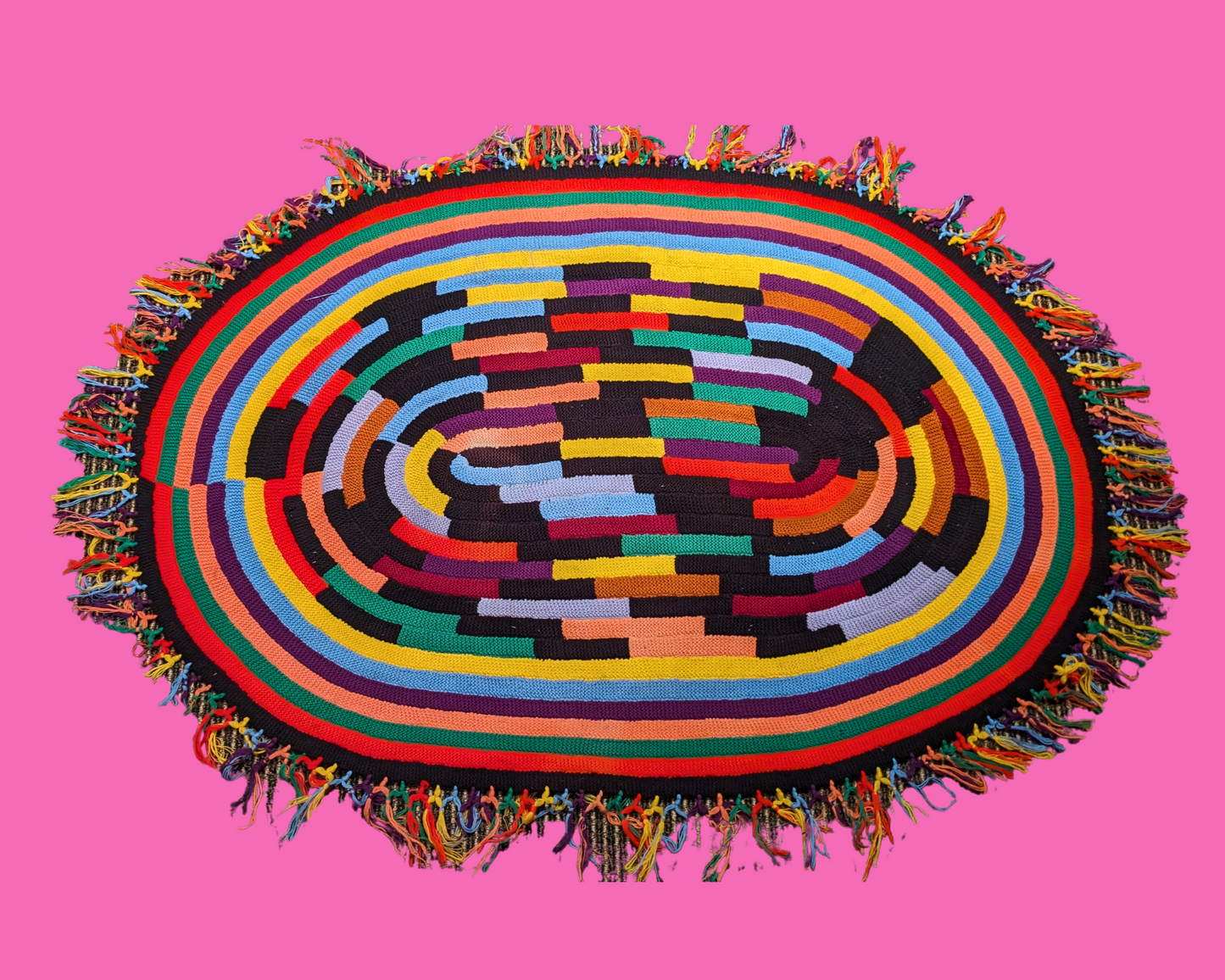 Tapis vintage arc-en-ciel, laine et crochet des années 1980