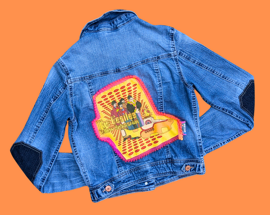 Veste en jean Yellow Submarine des Beatles, fabriquée à la main et recyclée, taille S