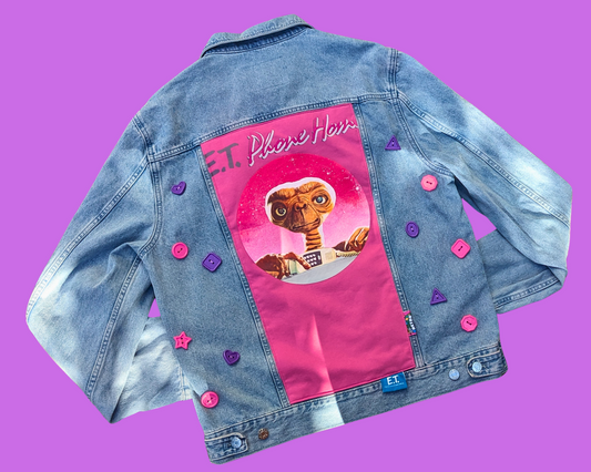 Veste en jean ET Phone Home faite à la main et recyclée, taille L