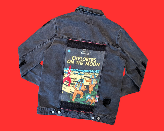 Veste en jean noire Tintin, explorateur sur la lune, faite à la main et recyclée, taille M