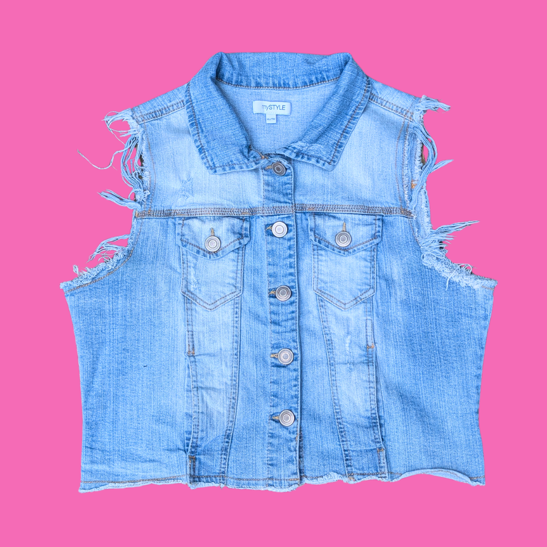 Super Mario Galaxy Upcycled T-Shirt Sleeveless Denim Jacket Size XL (smaller fit)