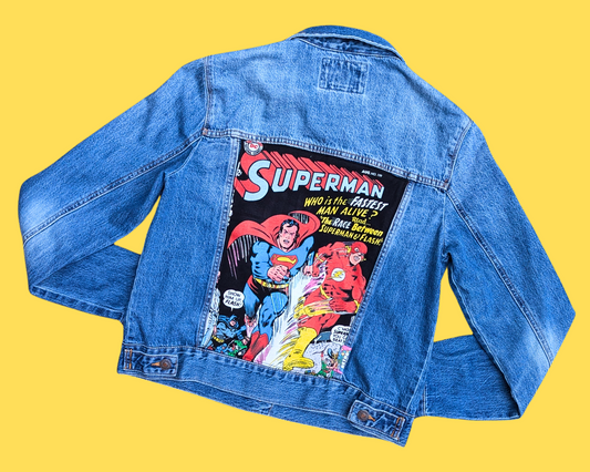 Veste en jean Superman Comic Book recyclée et faite à la main, taille L
