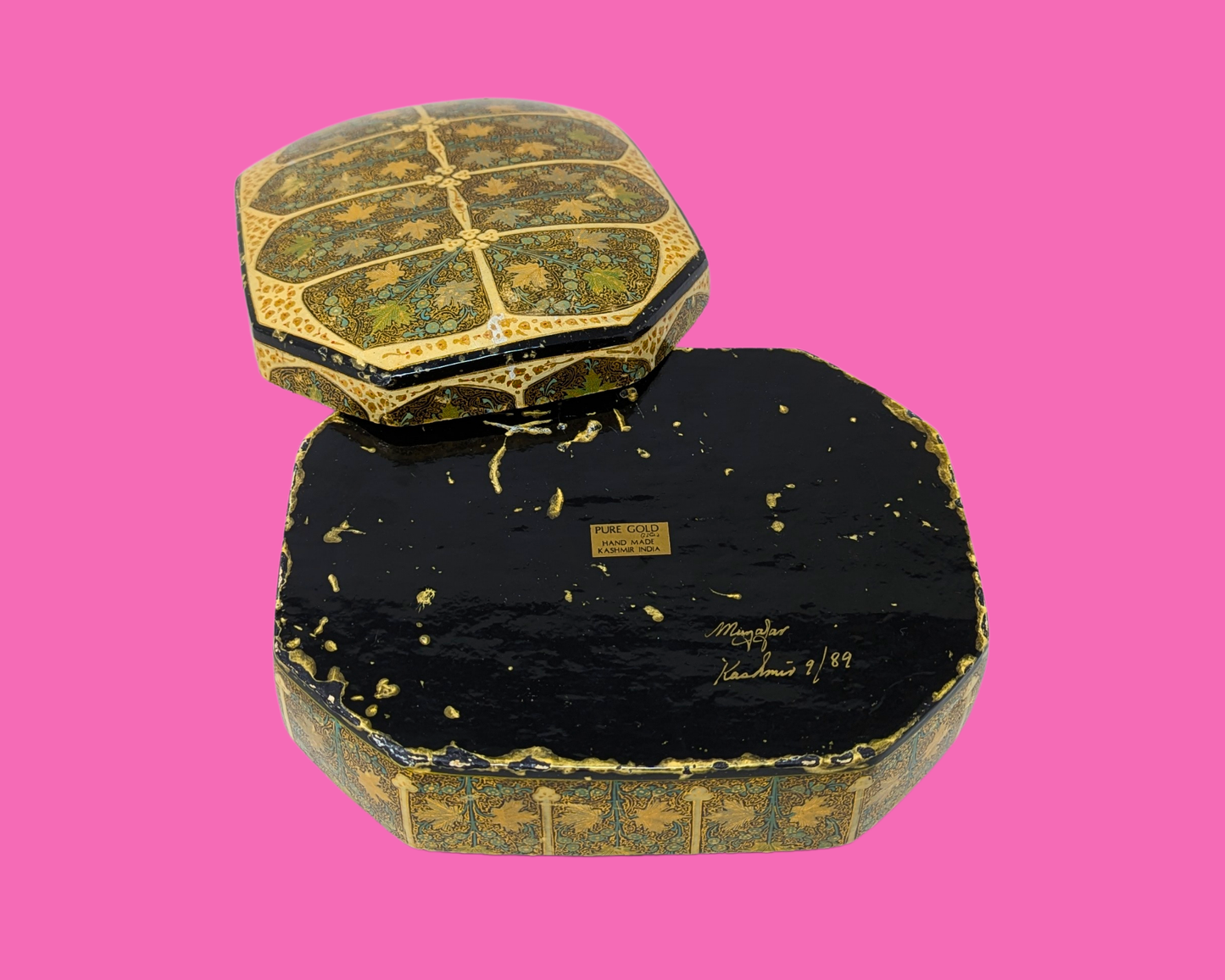 Vintage Wooden Box Decorated in Kashmir India