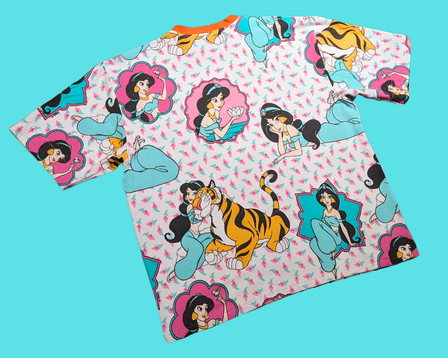Handmade, Upcycled Aladdin, Jasmine and Rajah Flannel Bedsheet T-Shirt Size 2XL