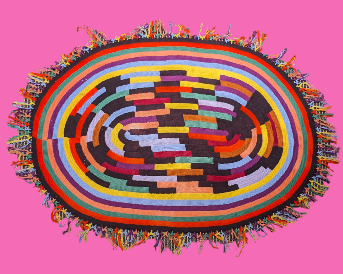 Tapis vintage arc-en-ciel, laine et crochet des années 1980