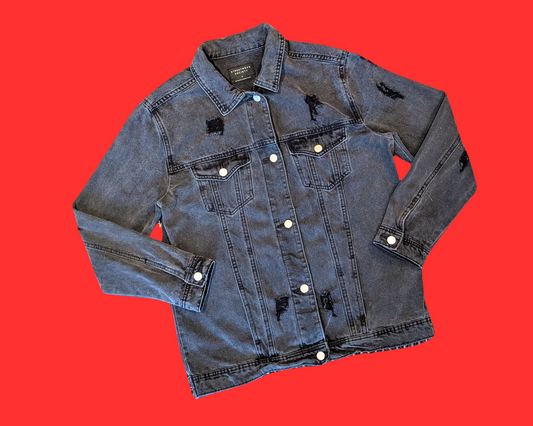 Veste en jean noire Tintin, explorateur sur la lune, faite à la main et recyclée, taille M