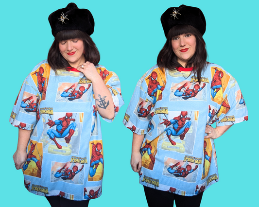 Handmade, Upcycled Spider-Man Bedsheet T-Shirt Oversized XL