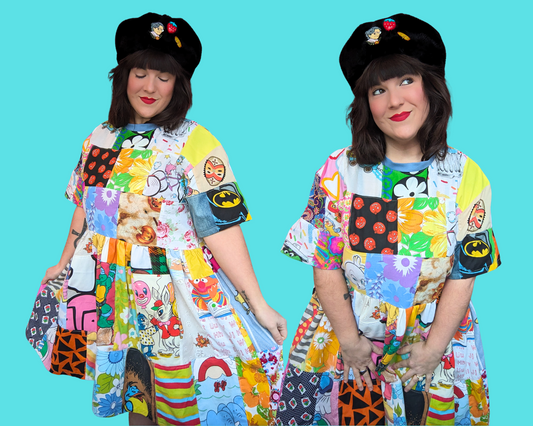 Robe t-shirt patchwork recyclée et faite main, surdimensionnée, taille S, ajustée, L-XL