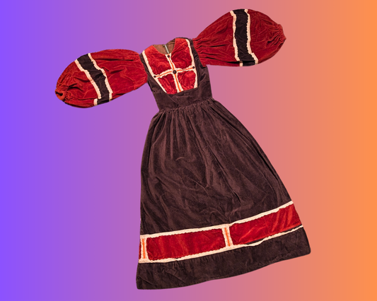Robe vintage des années 1970 en velours marron et bordeaux de style victorien avec manches paysannes, taille M
