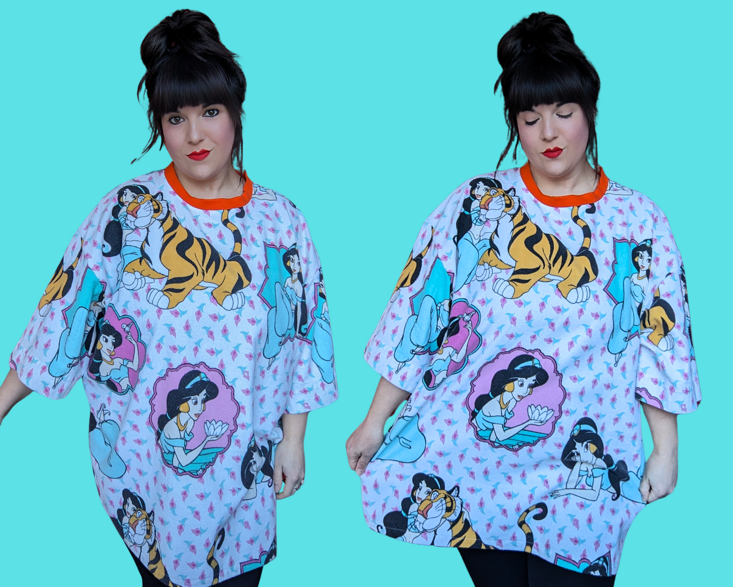 Handmade, Upcycled Aladdin, Jasmine and Rajah Flannel Bedsheet T-Shirt Size 2XL