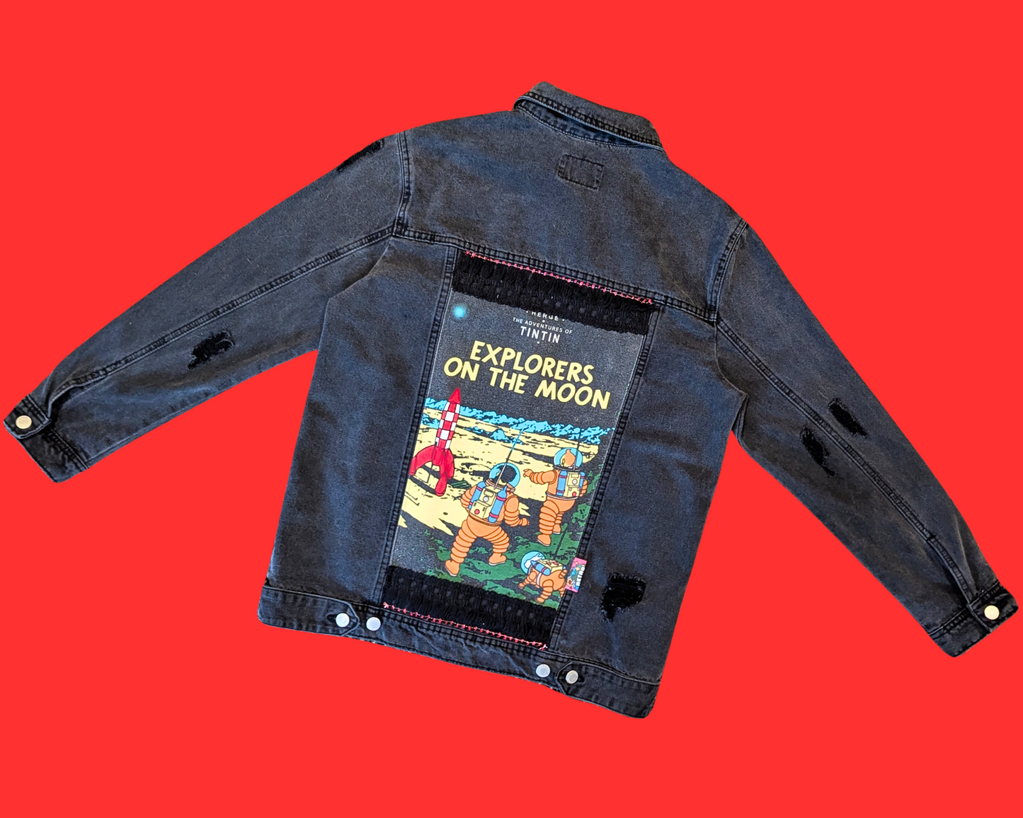 Veste en jean noire Tintin, explorateur sur la lune, faite à la main et recyclée, taille M