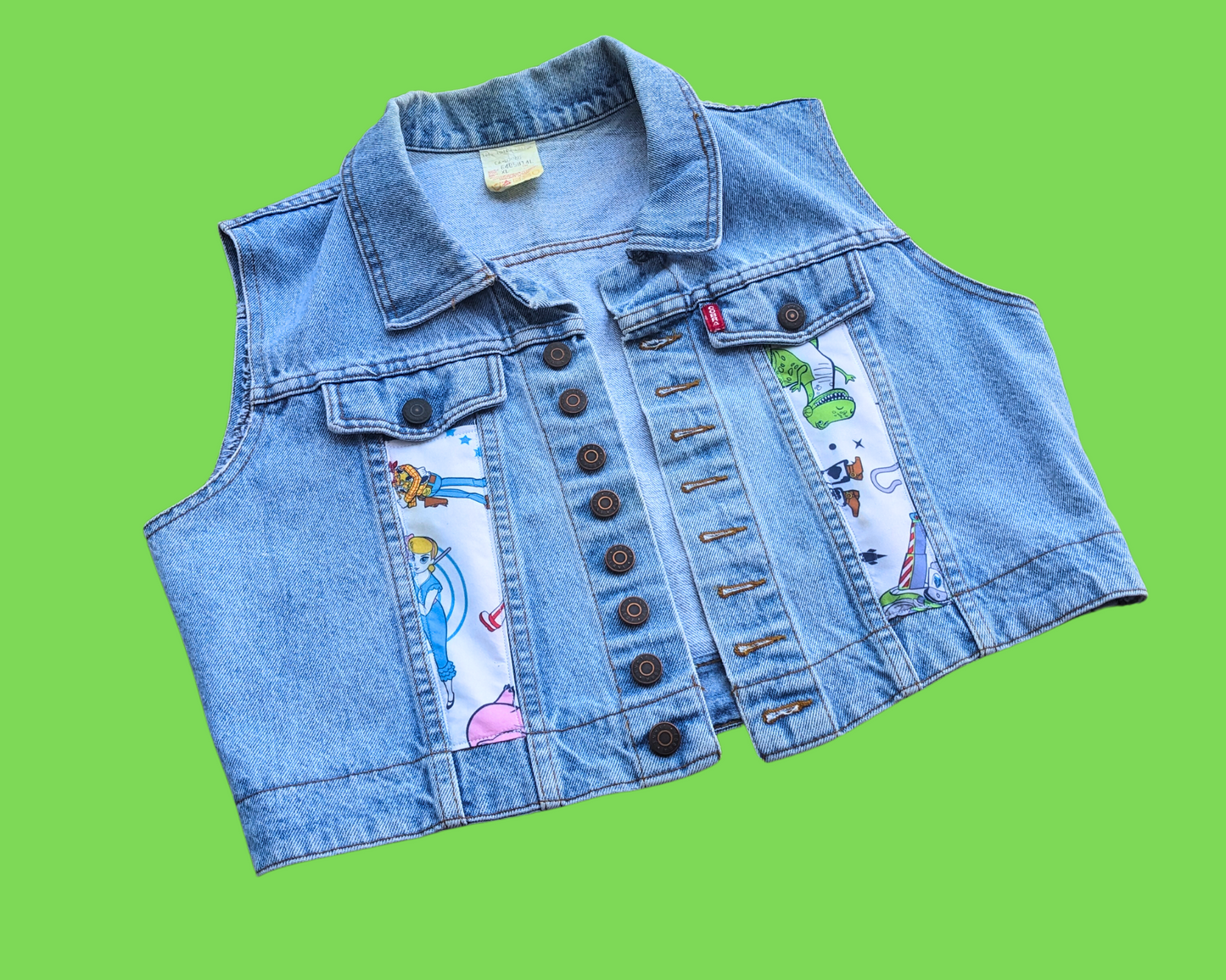 Handmade, Upcycled Denim Vest Patched Up with Bedsheets Scraps of Toy Story 4 Size M-L