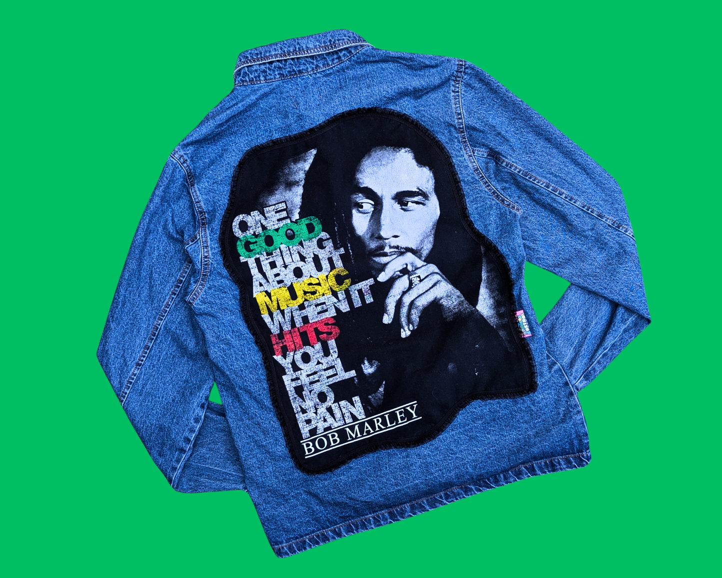 Handmade, Upcycled Bob Marley Denim Jacket Size M