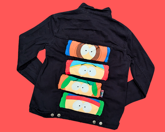 Handmade, Upcycled South Park T-Shirt Black Denim Jacket Size M