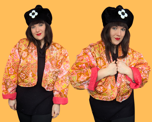 Couvre-lit vintage des années 1960 fait à la main et recyclé, veste ouverte avec poches, convient à toutes les tailles jusqu'au 3XL