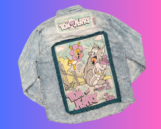Veste/chemise en jean Tom et Jerry faite à la main et recyclée, taille L