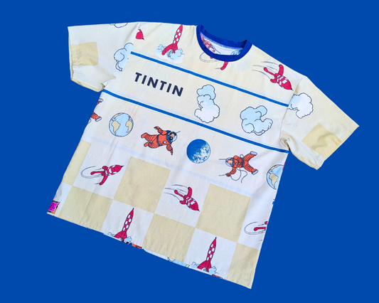 T-shirt drap de lit Tintin fait main et recyclé, taille XL