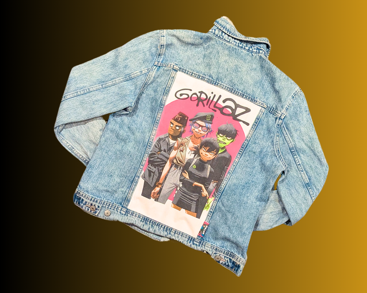 Veste en jean Gorillaz recyclée et faite main, taille L, pour femme