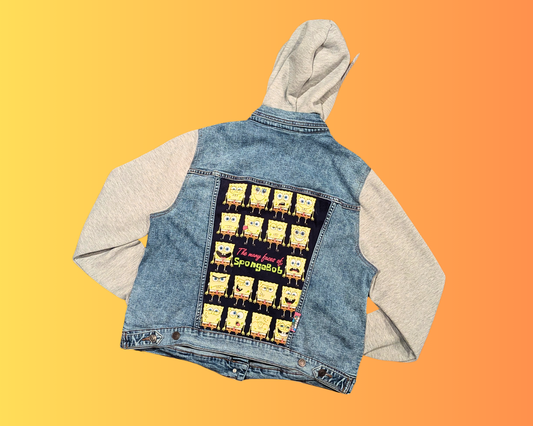 Handmade, Upcycled Sponge-Bob Square Pants Denim Jacket with Hoodie Size L