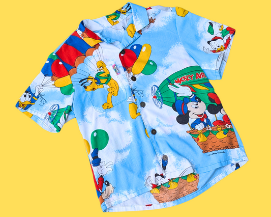 Chemise boutonnée à manches courtes en drap de lit Walt Disney fait main et recyclé M