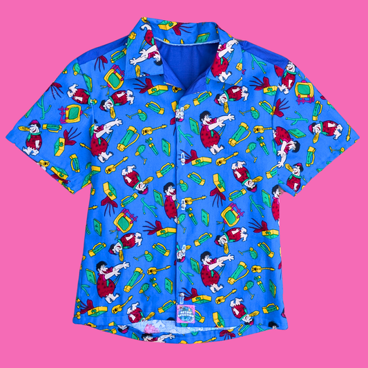 Handmade, Upcycled Fred Flintstone Bedsheet Button Down Shirt Size XS