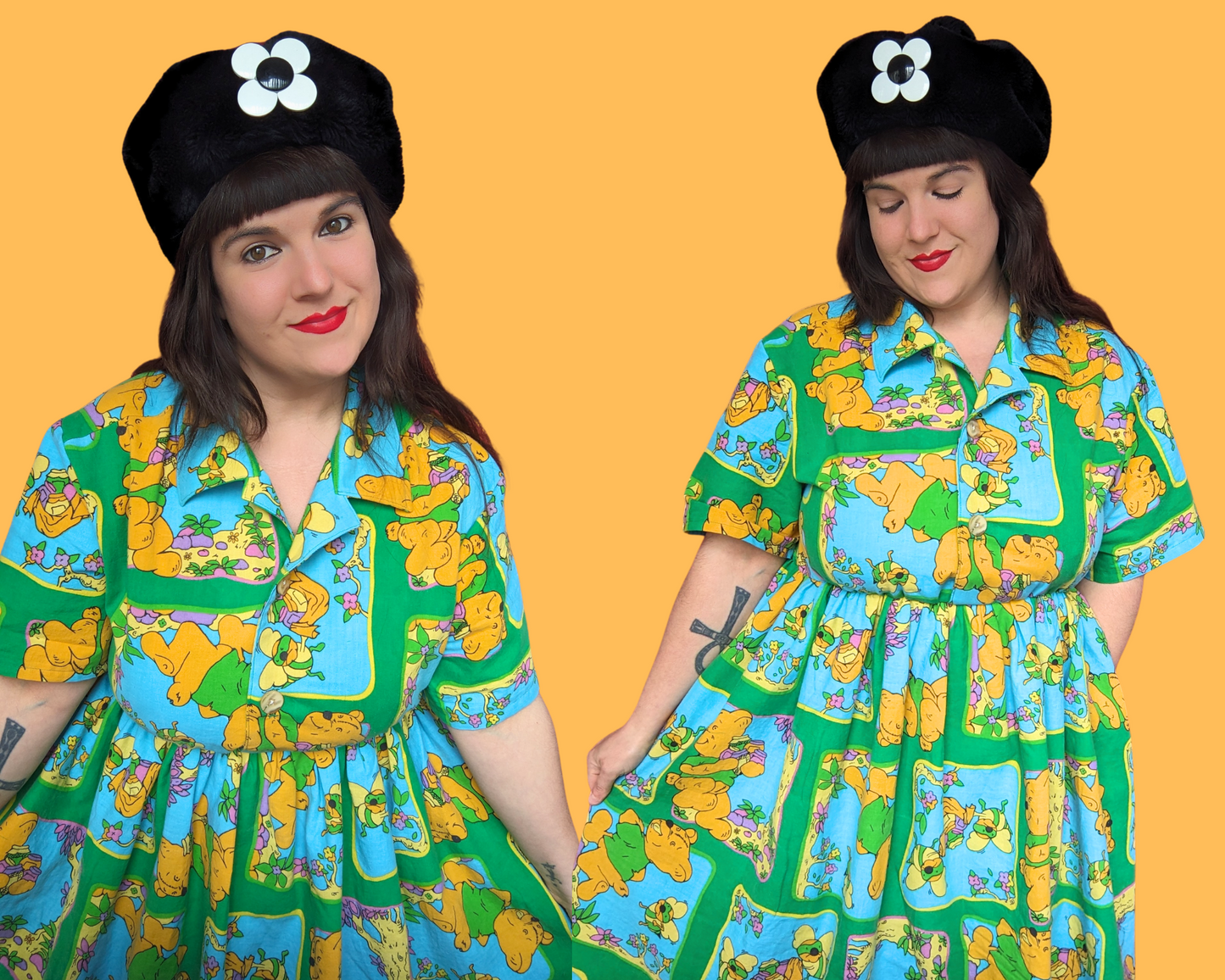 Handmade, Upcycled Stoned Winnie The Pooh Bedsheet Button Down Shirt Dress Size L-XL
