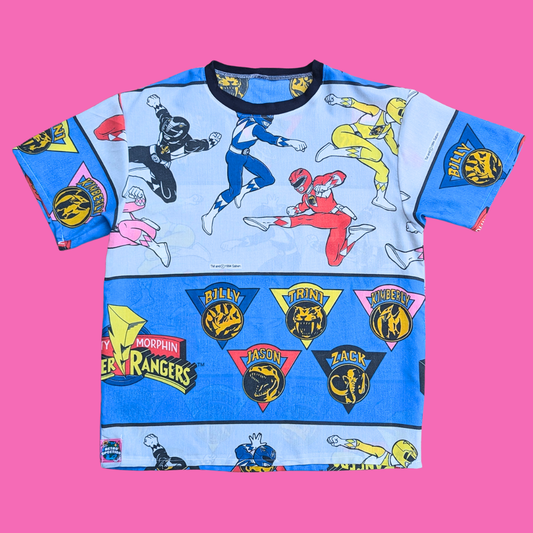 Handmade, Upcycled Power Rangers Bedsheet T-Shirt Oversized S-M, Fitted L-XL
