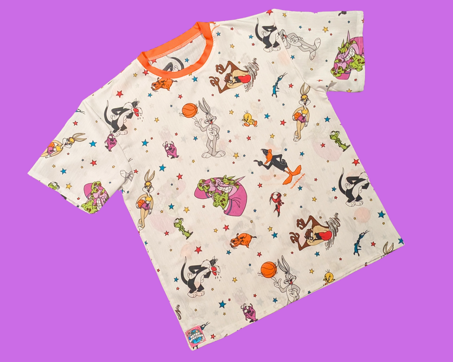 Handmade, Upcycled Vintage 1990's Space Jam Bedsheet T-Shirt Size M
