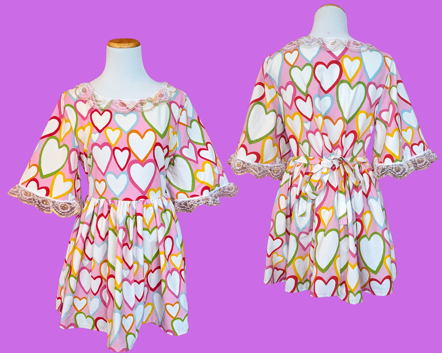 Handmade, Upcycled Rainbow Hearts Bedsheet Dress Fits Size S