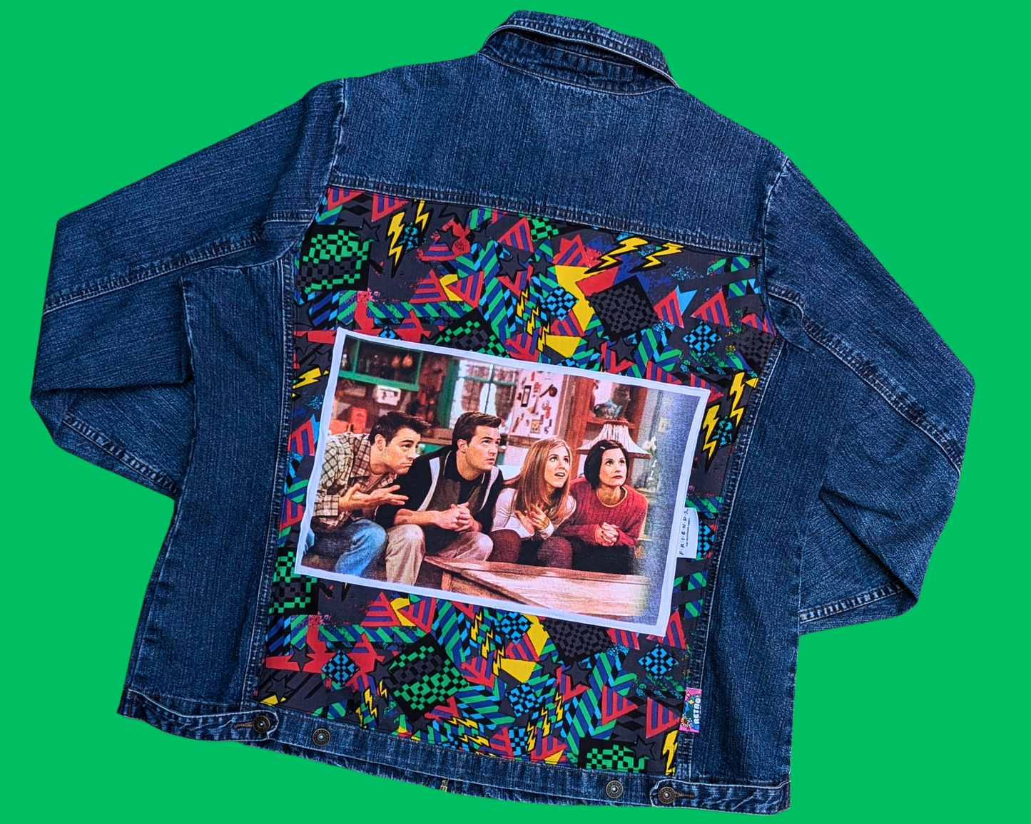 Handmade, Upcycled Friends T-Shirt Denim Jacket Size L