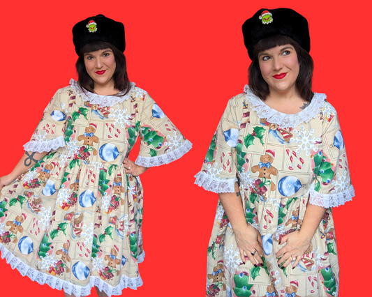 Nappe vintage des années 1990, faite à la main et recyclée, robe de Noël, taille XL