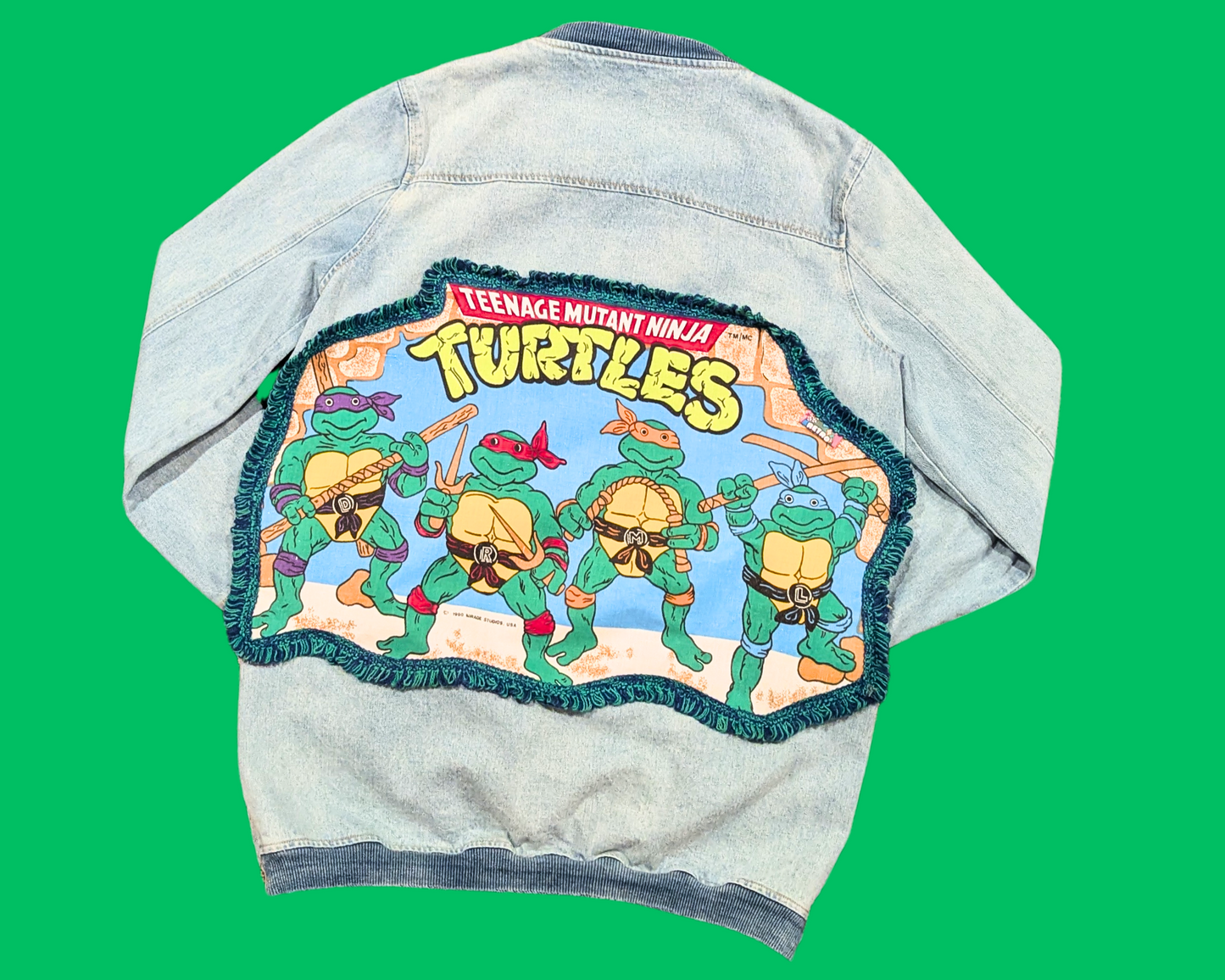 Handmade, Upcycled Teenage Mutant Ninja Turtles Pillow Case Denim Jacket Size L