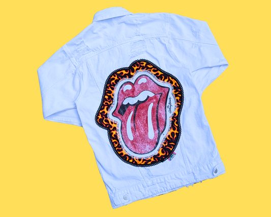 Veste en jean blanche The Rolling Stones, fabriquée à la main et recyclée, taille S